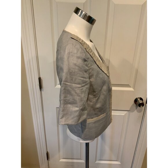 J. Crew Gray Short Sleeve Linen Jacket W/ Tan Gathered Neckline, Size 4 - Picture 2 of 5